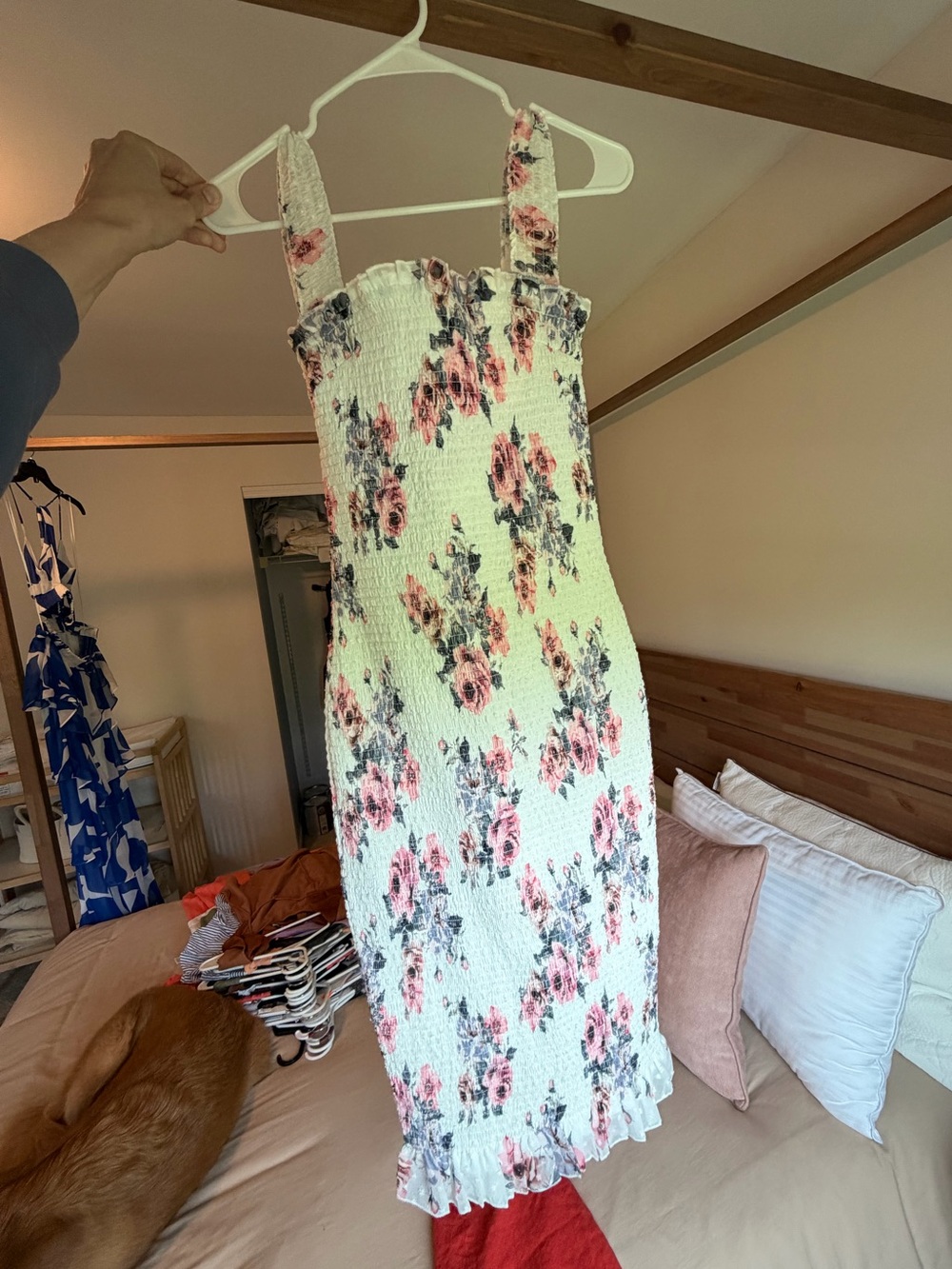 Smocked Floral Midi Dress in Cream and Pink